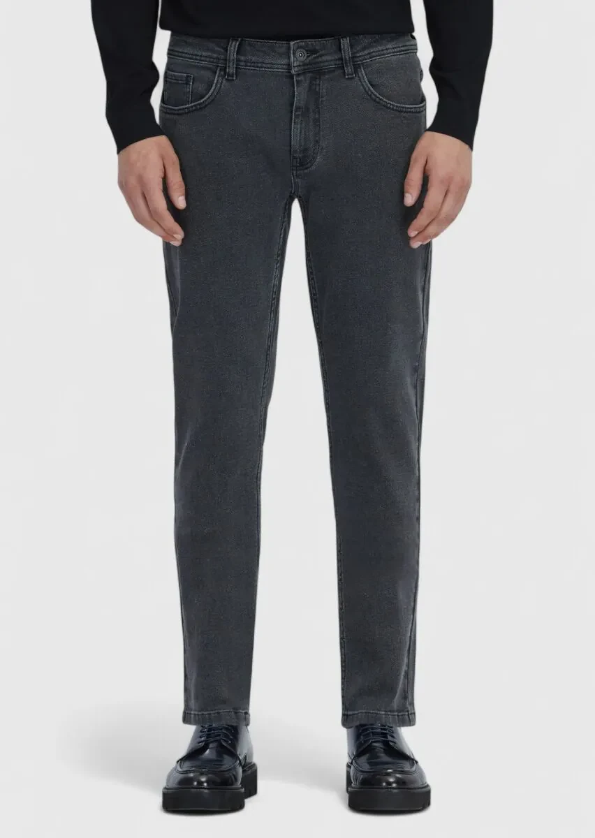 Antrasit Düz Slim Fit Denim Pamuk Karışımlı Pantolon - 2