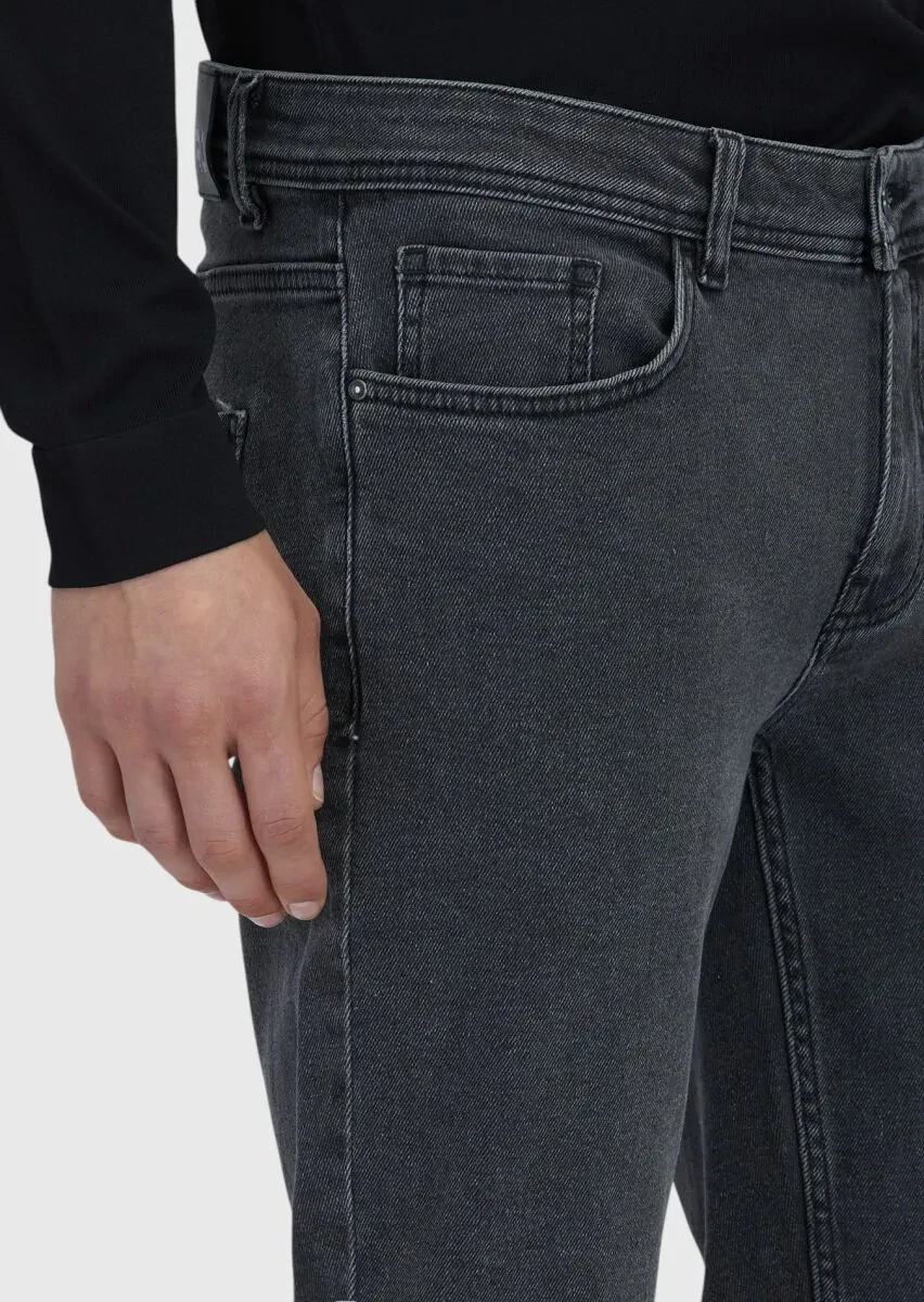 Antrasit Düz Slim Fit Denim Pamuk Karışımlı Pantolon - 3