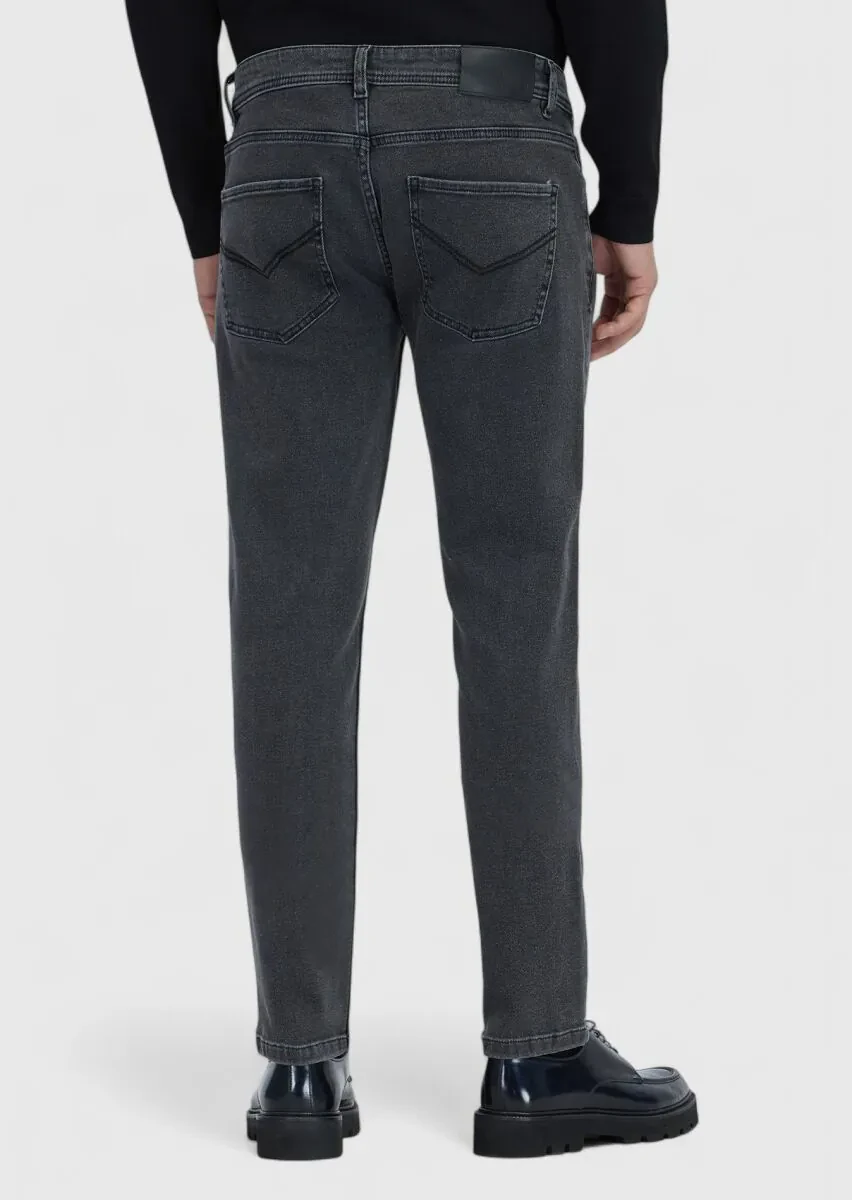 Antrasit Düz Slim Fit Denim Pamuk Karışımlı Pantolon - 5
