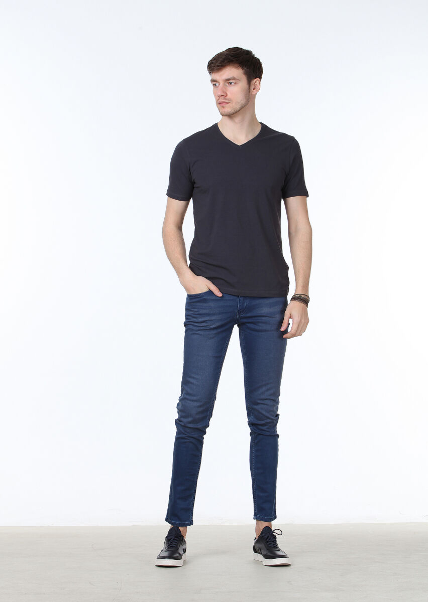 Antrasit Düz V Yaka Pamuk Karışımlı T-Shirt - 2