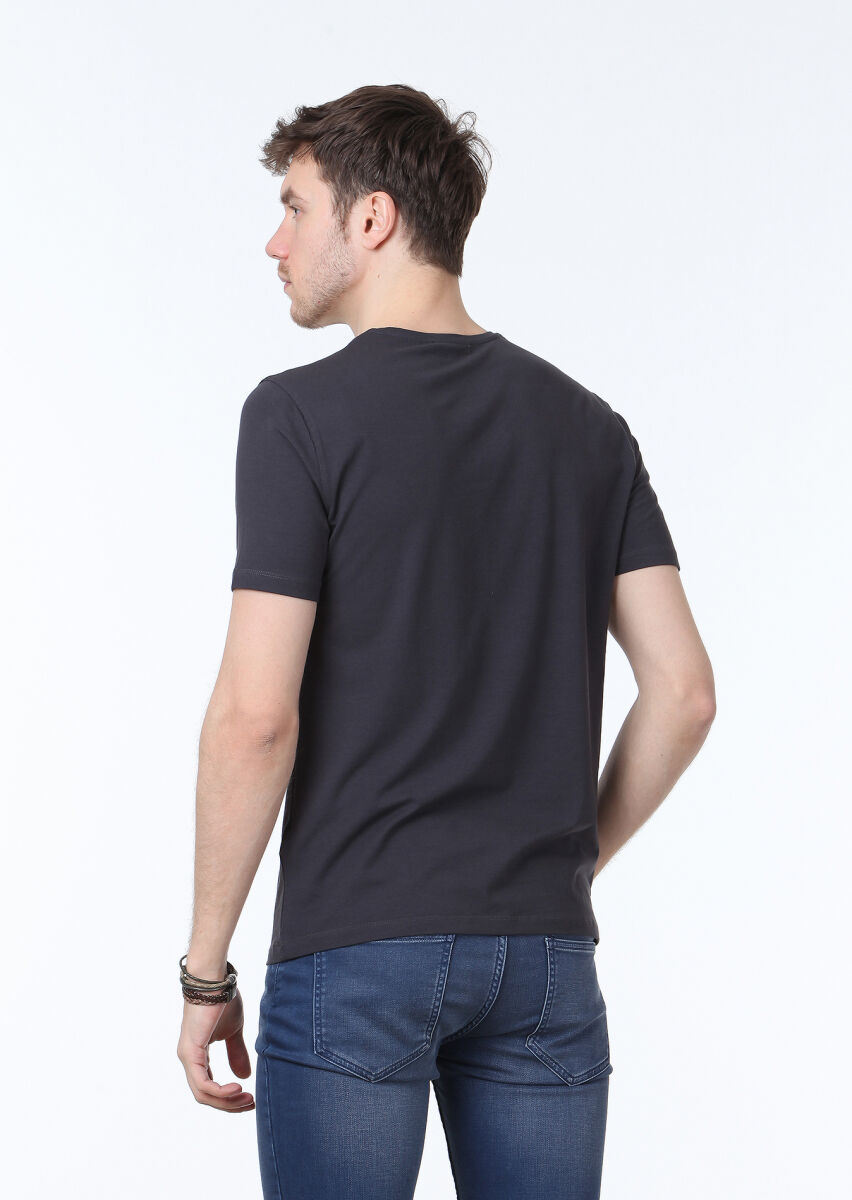 Antrasit Düz V Yaka Pamuk Karışımlı T-Shirt - 4