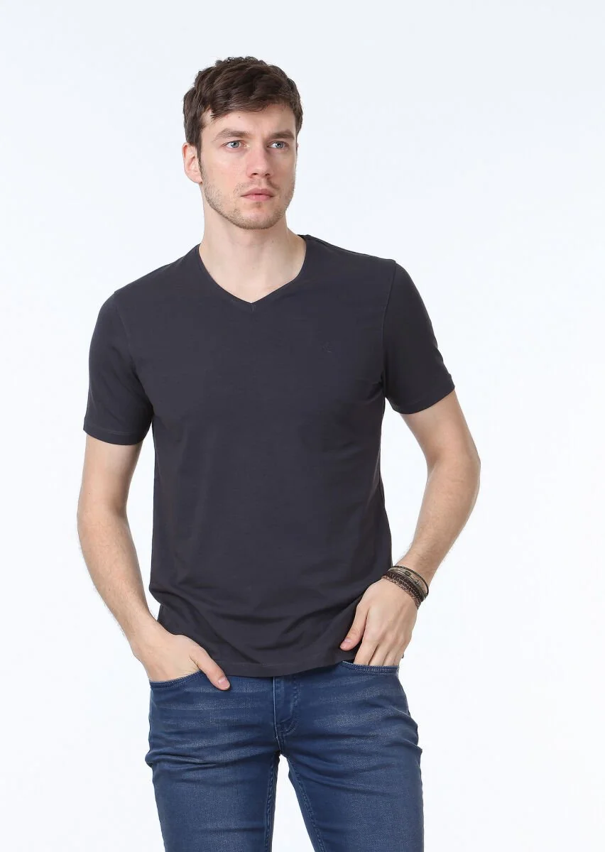 Antrasit Düz V Yaka Pamuk Karışımlı T-Shirt - 1