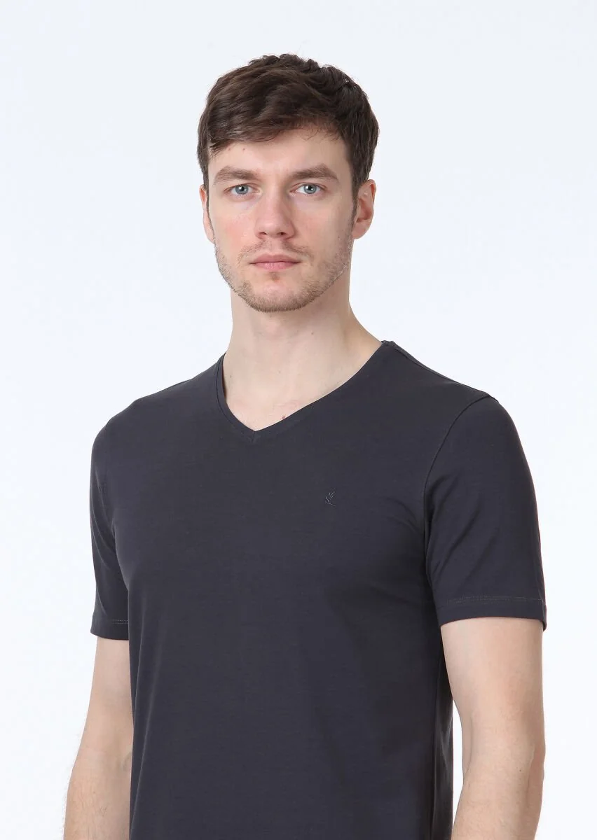 Antrasit Düz V Yaka Pamuk Karışımlı T-Shirt - 3