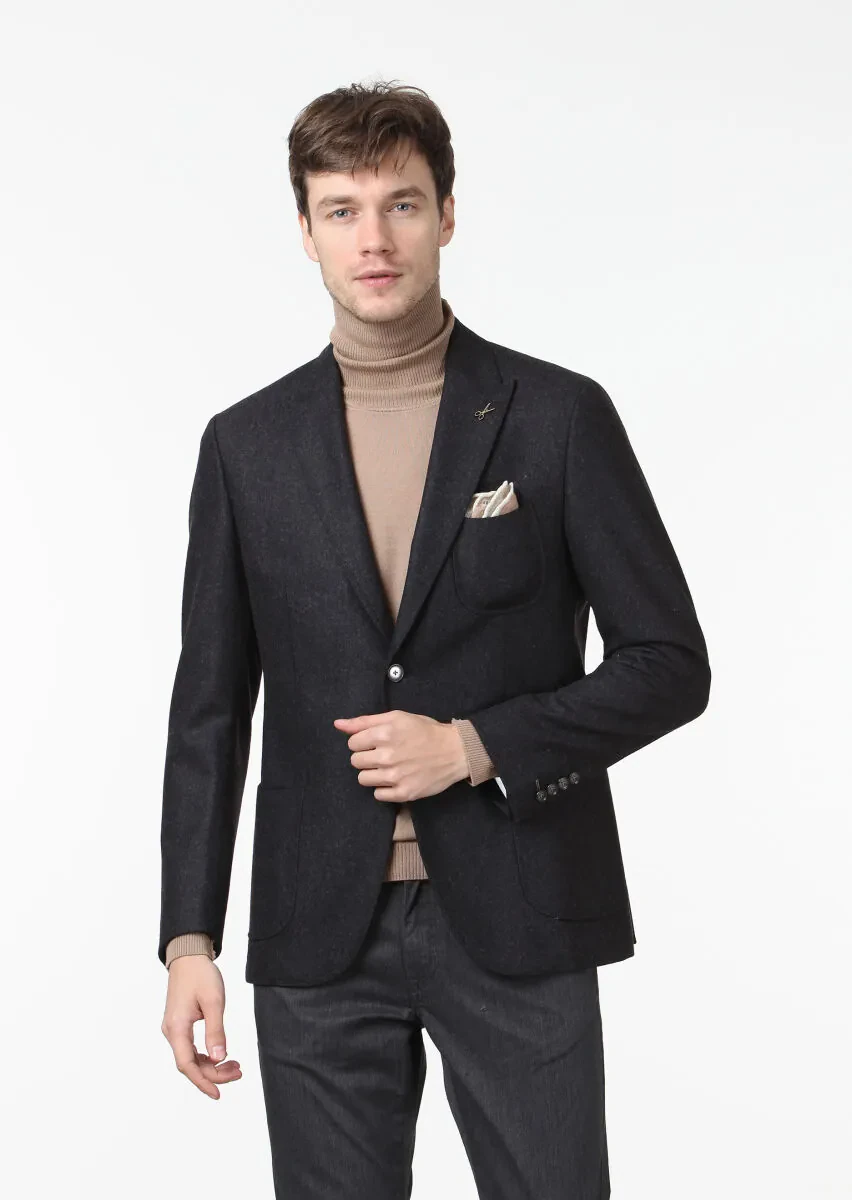 Antrasit Düz Zeroweight Slim Fit Yün Karışımlı Ceket - 1