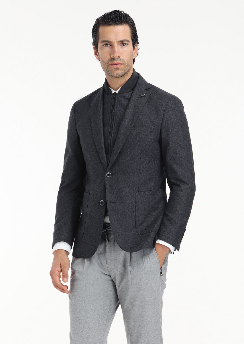 Antrasit Düz Zeroweight Slim Fit Yün Karışımlı Ceket - 2