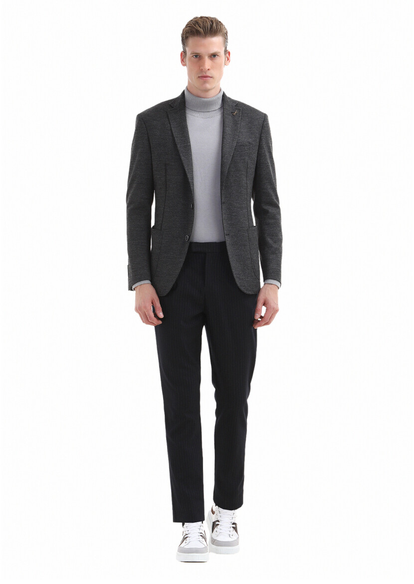 Antrasit Düz Zeroweight Slim Fit Yün Karışımlı Örme Ceket 