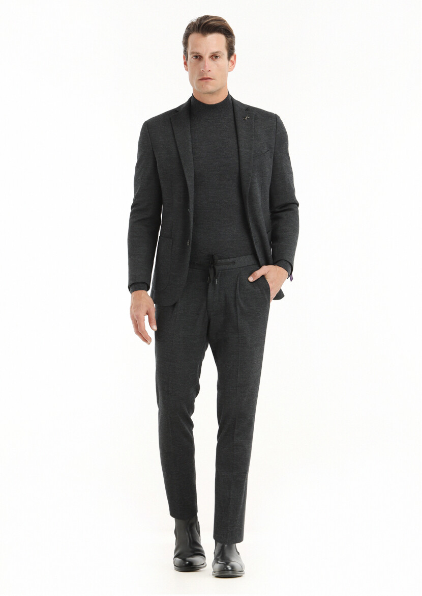 Antrasit Düz Zeroweight Slim Fit Yün Karışımlı Örme Takım Elbise 