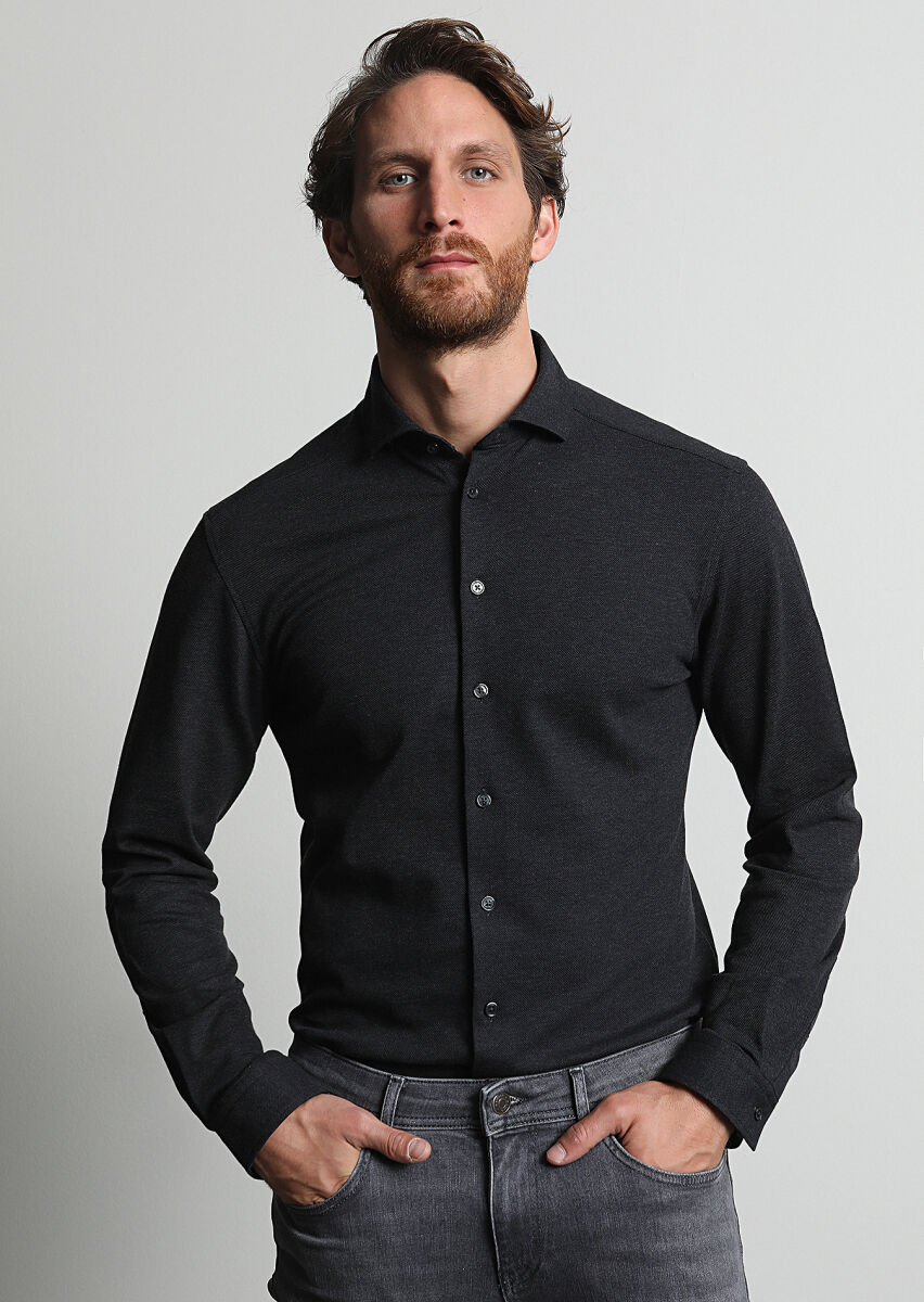 Antrasit Fitted Fit Uzun Casual %100 Pamuk Gömlek - 2