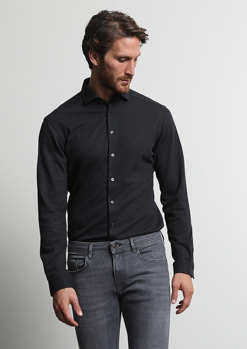 Antrasit Fitted Fit Uzun Casual %100 Pamuk Gömlek - 4