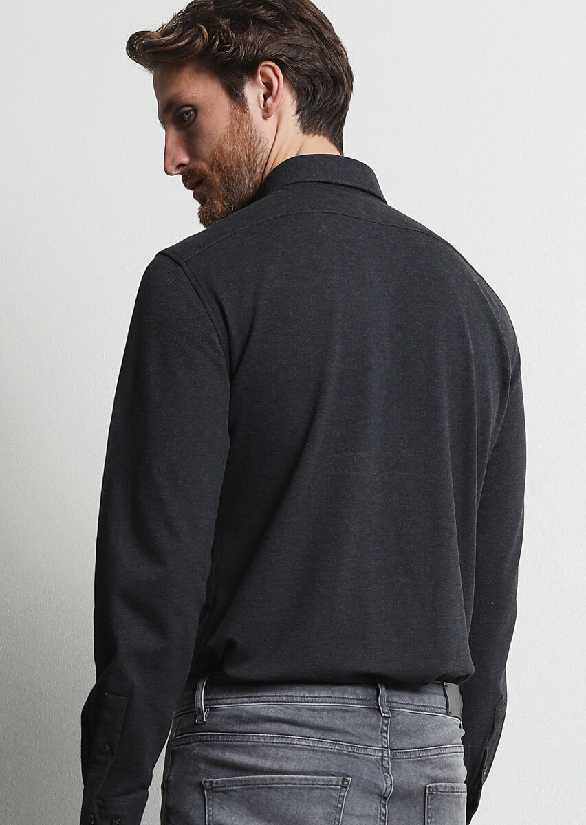 Antrasit Fitted Fit Uzun Casual %100 Pamuk Gömlek - 5