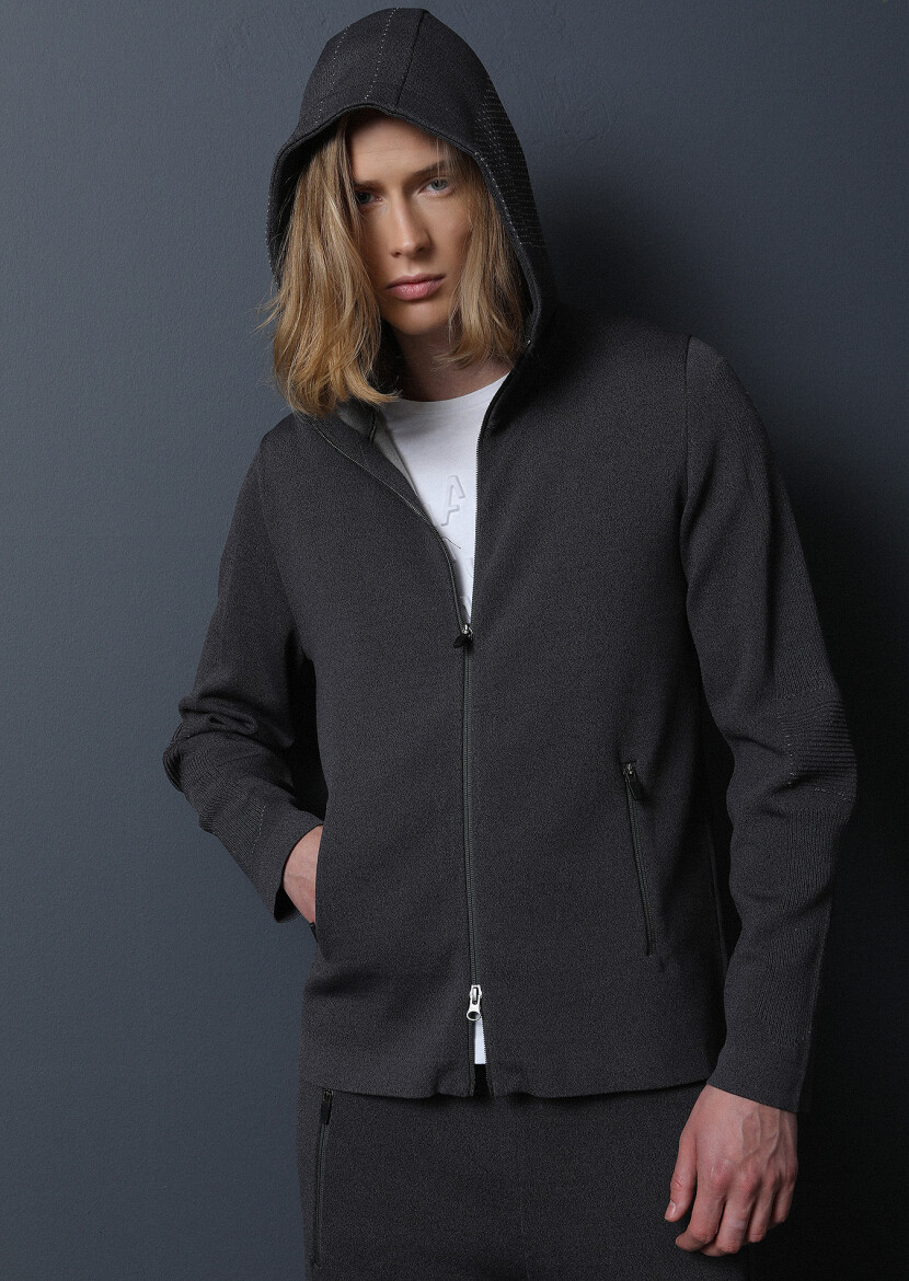 Antrasit Jakarlı Yün Karışımlı Hırka 