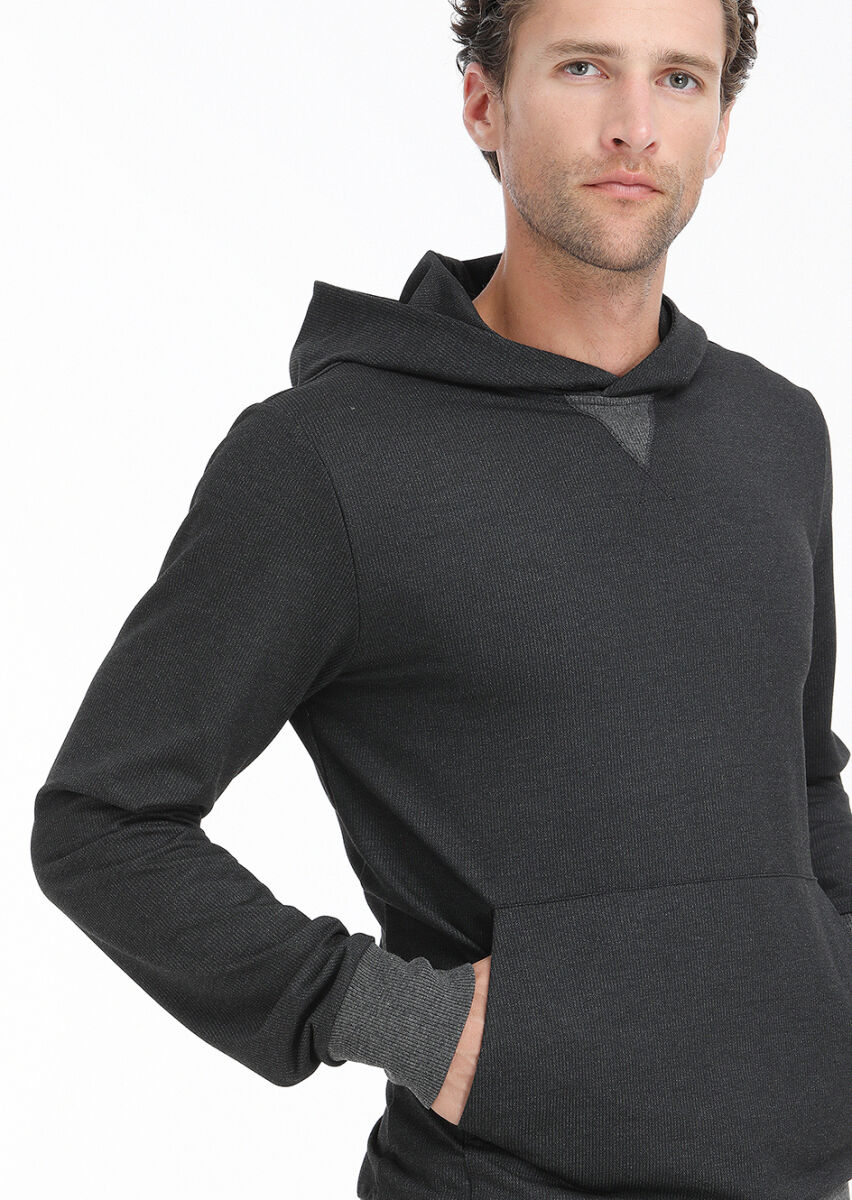 Antrasit Kapüşonlu Çizgili Sweatshırt - 4