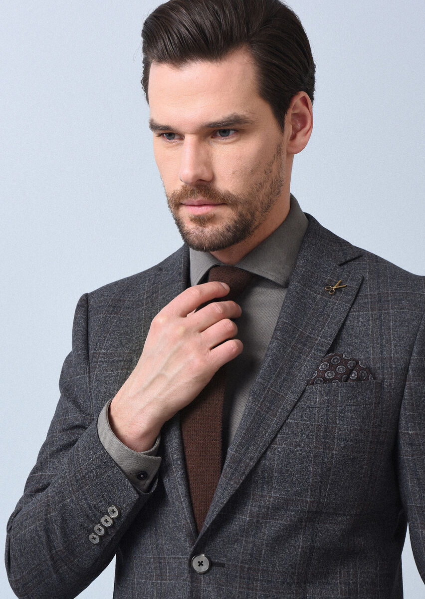 Antrasit Kareli Modern Fit Yün Karışımlı Takım Elbise - 1