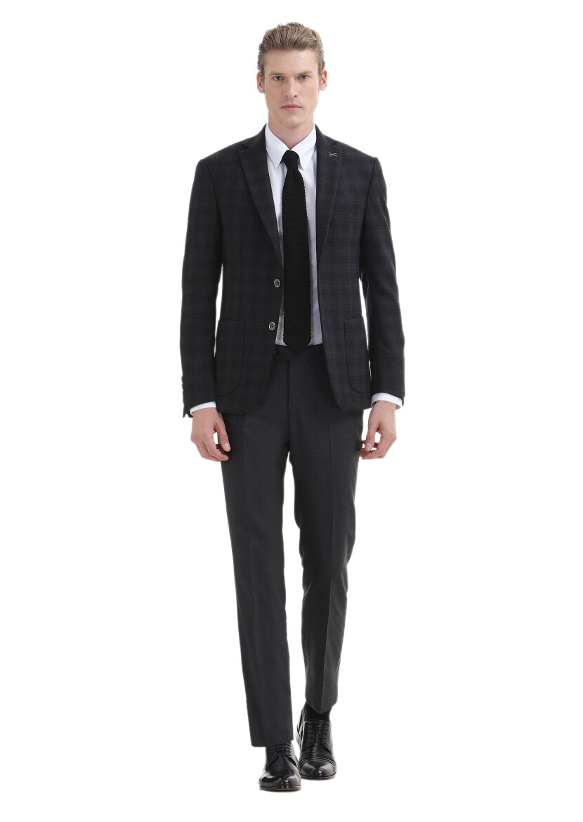 Antrasit Kareli Zeroweight Slim Fit %100 Yün Ceket - 1