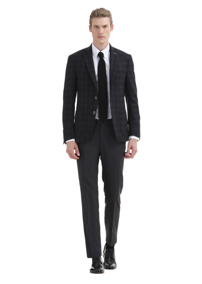 Antrasit Kareli Zeroweight Slim Fit %100 Yün Ceket - 1