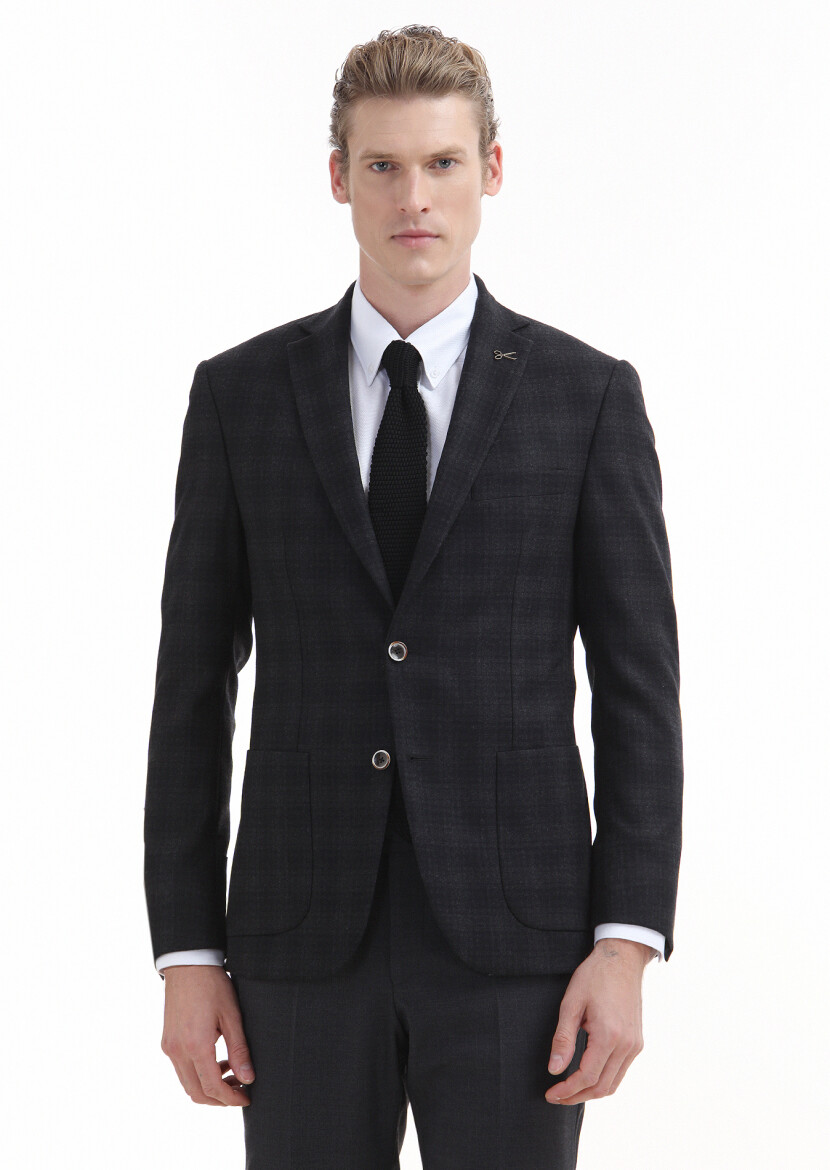 Antrasit Kareli Zeroweight Slim Fit %100 Yün Ceket - 2