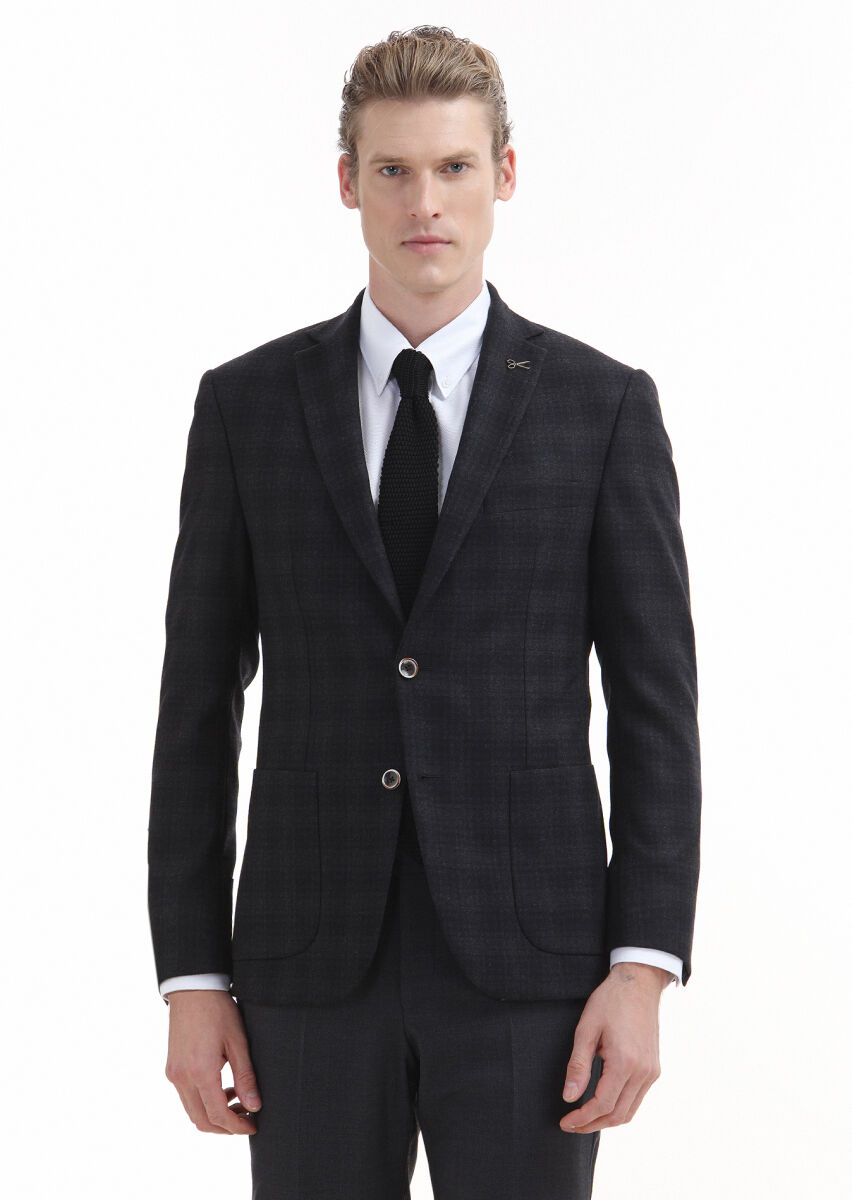 Antrasit Kareli Zeroweight Slim Fit %100 Yün Ceket - 2