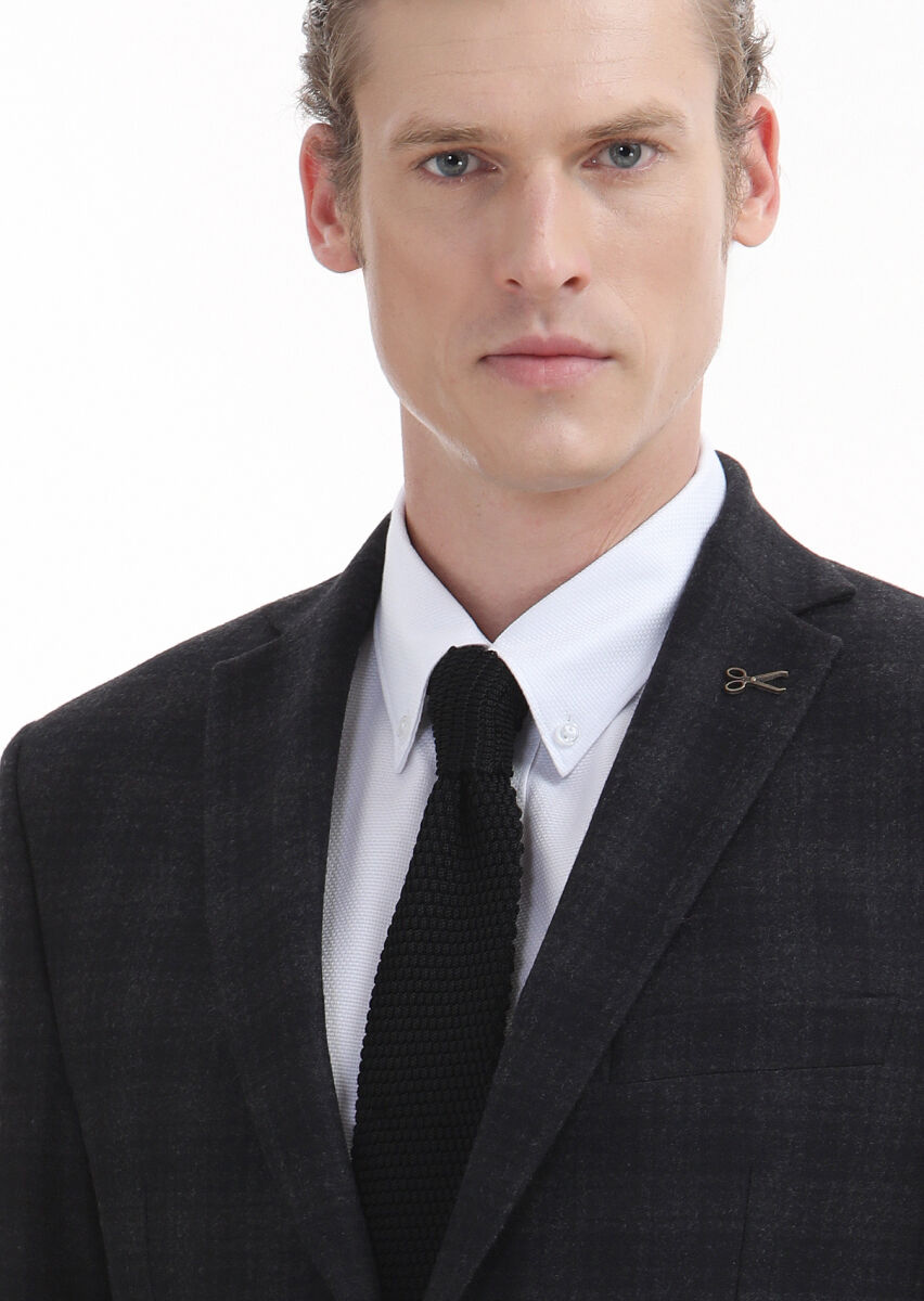 Antrasit Kareli Zeroweight Slim Fit %100 Yün Ceket - 3