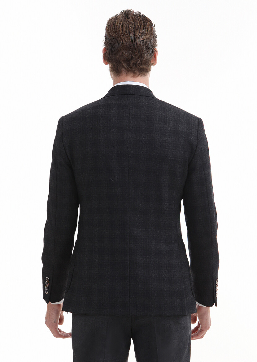 Antrasit Kareli Zeroweight Slim Fit %100 Yün Ceket - 5