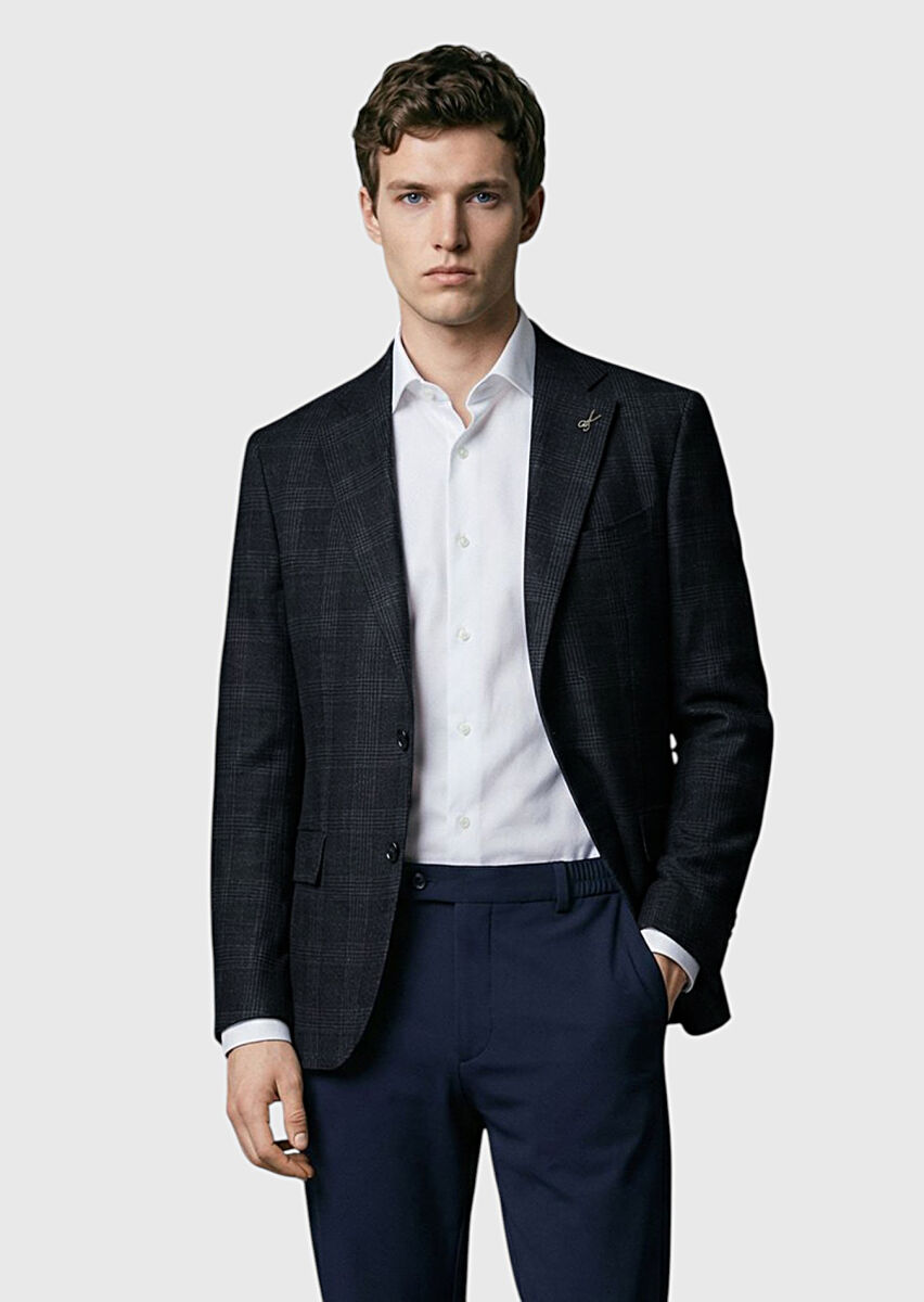 Antrasit Kareli Zeroweight Slim Fit %100 Yün Ceket - 1