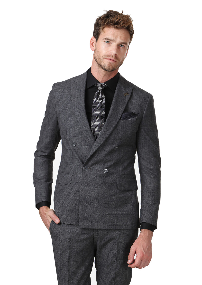 Antrasit Kareli Zeroweight Slim Fit %100 Yün Takım Elbise - 1