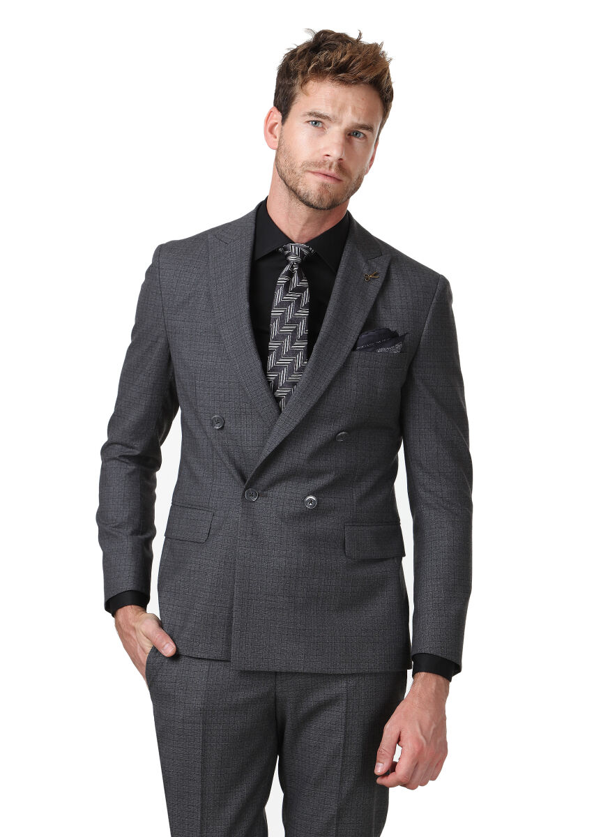 Antrasit Kareli Zeroweight Slim Fit %100 Yün Takım Elbise - 1