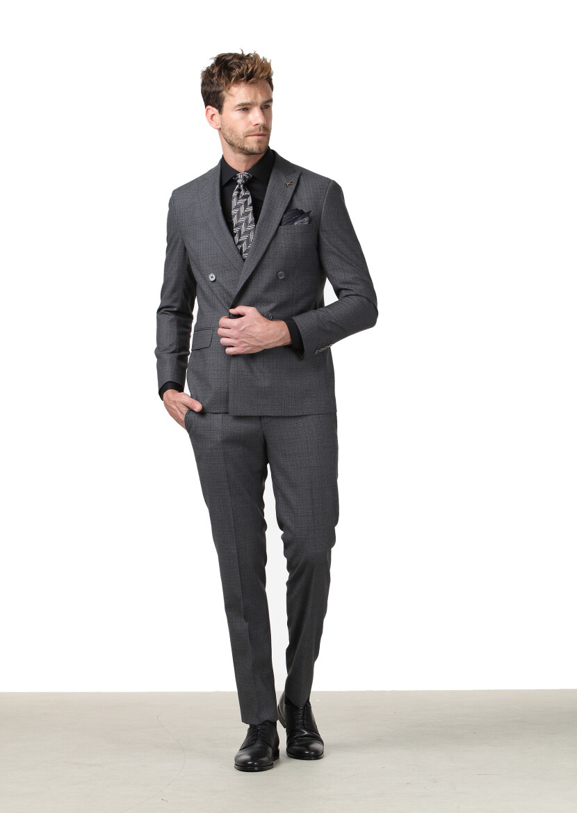 Antrasit Kareli Zeroweight Slim Fit %100 Yün Takım Elbise - 2
