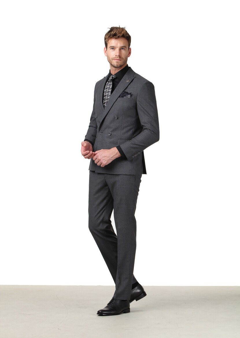 Antrasit Kareli Zeroweight Slim Fit %100 Yün Takım Elbise - 3