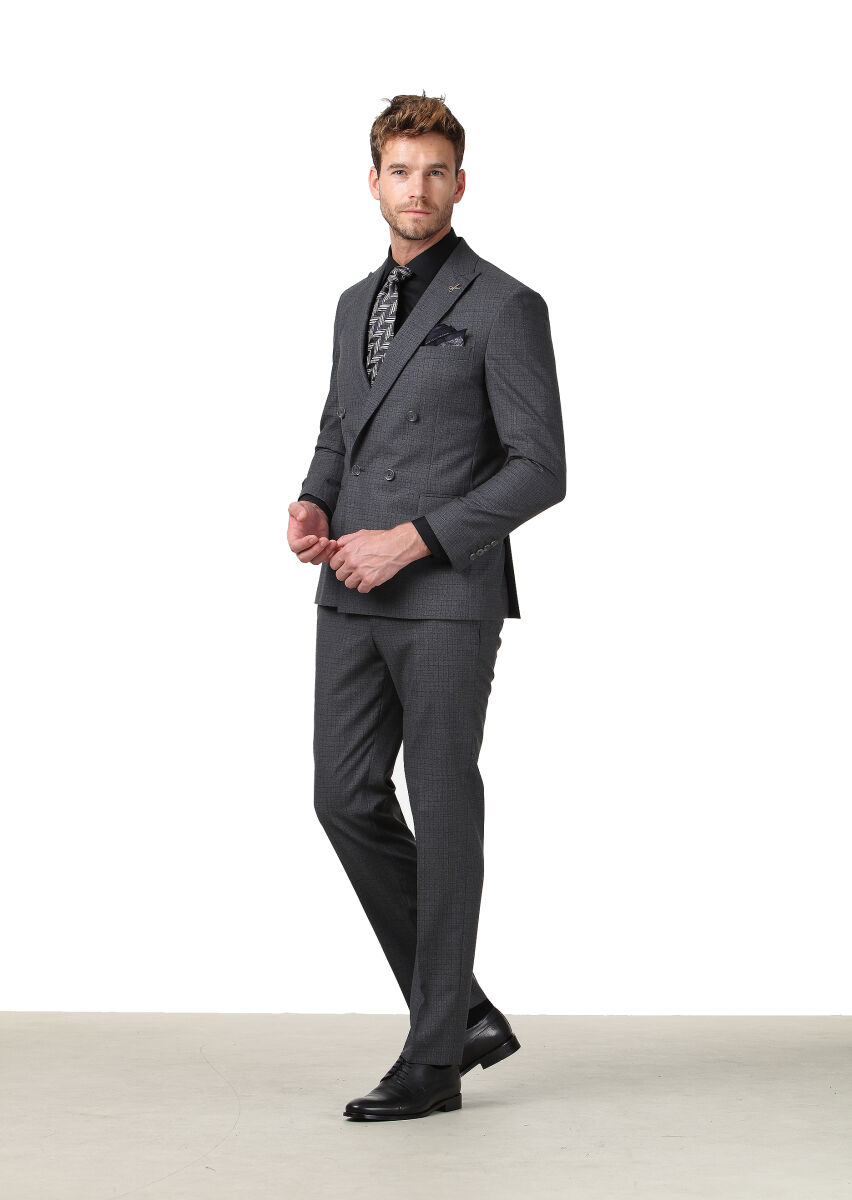 Antrasit Kareli Zeroweight Slim Fit %100 Yün Takım Elbise - 3
