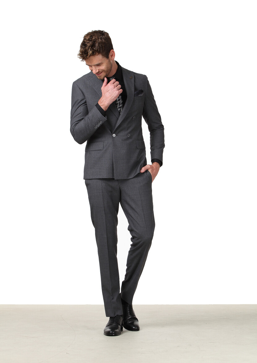 Antrasit Kareli Zeroweight Slim Fit %100 Yün Takım Elbise - 4