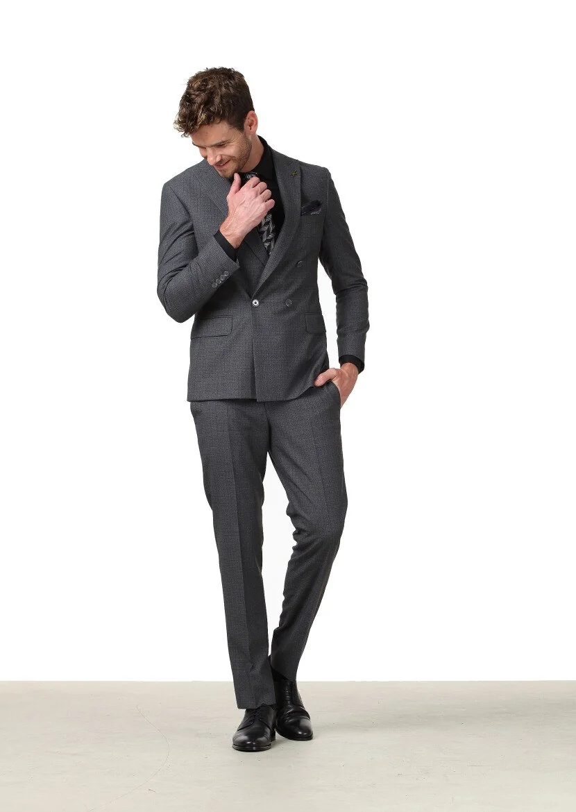 Antrasit Kareli Zeroweight Slim Fit %100 Yün Takım Elbise - 4