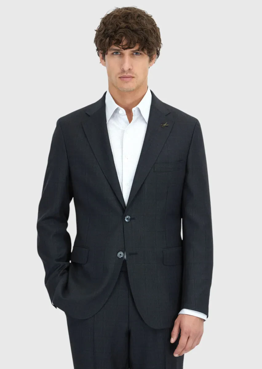 Antrasit Kareli Zeroweight Slim Fit %100 Yün Takım Elbise - 1