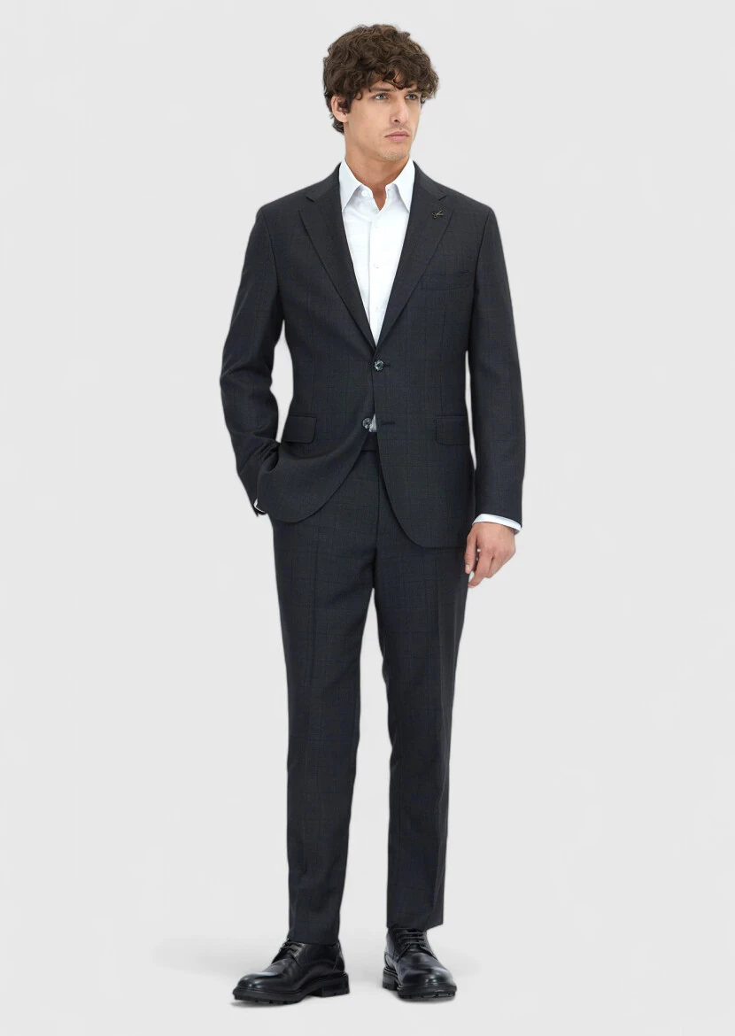 Antrasit Kareli Zeroweight Slim Fit %100 Yün Takım Elbise - 2