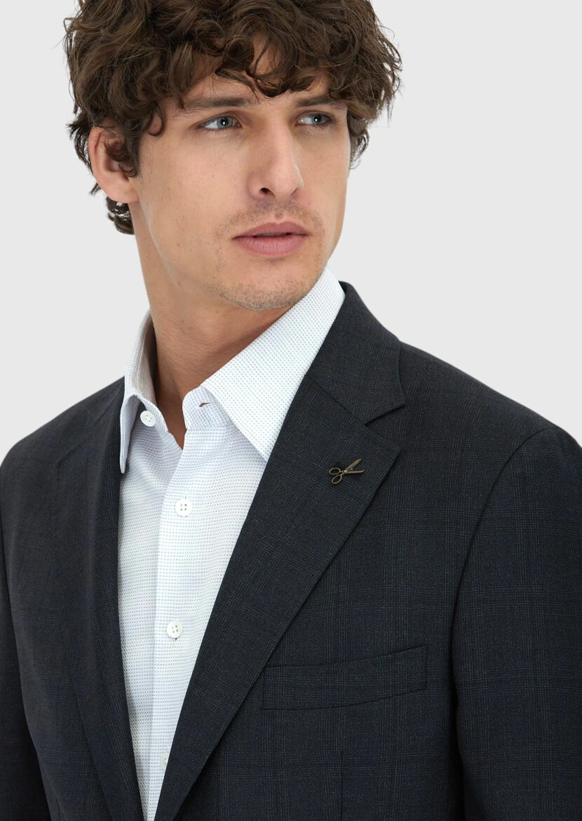 Antrasit Kareli Zeroweight Slim Fit %100 Yün Takım Elbise - 3