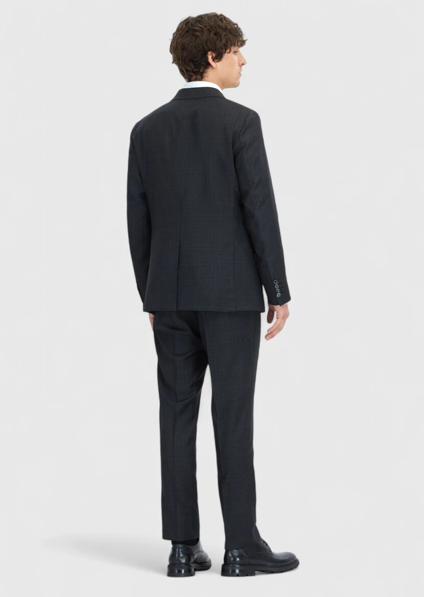 Antrasit Kareli Zeroweight Slim Fit %100 Yün Takım Elbise - 6