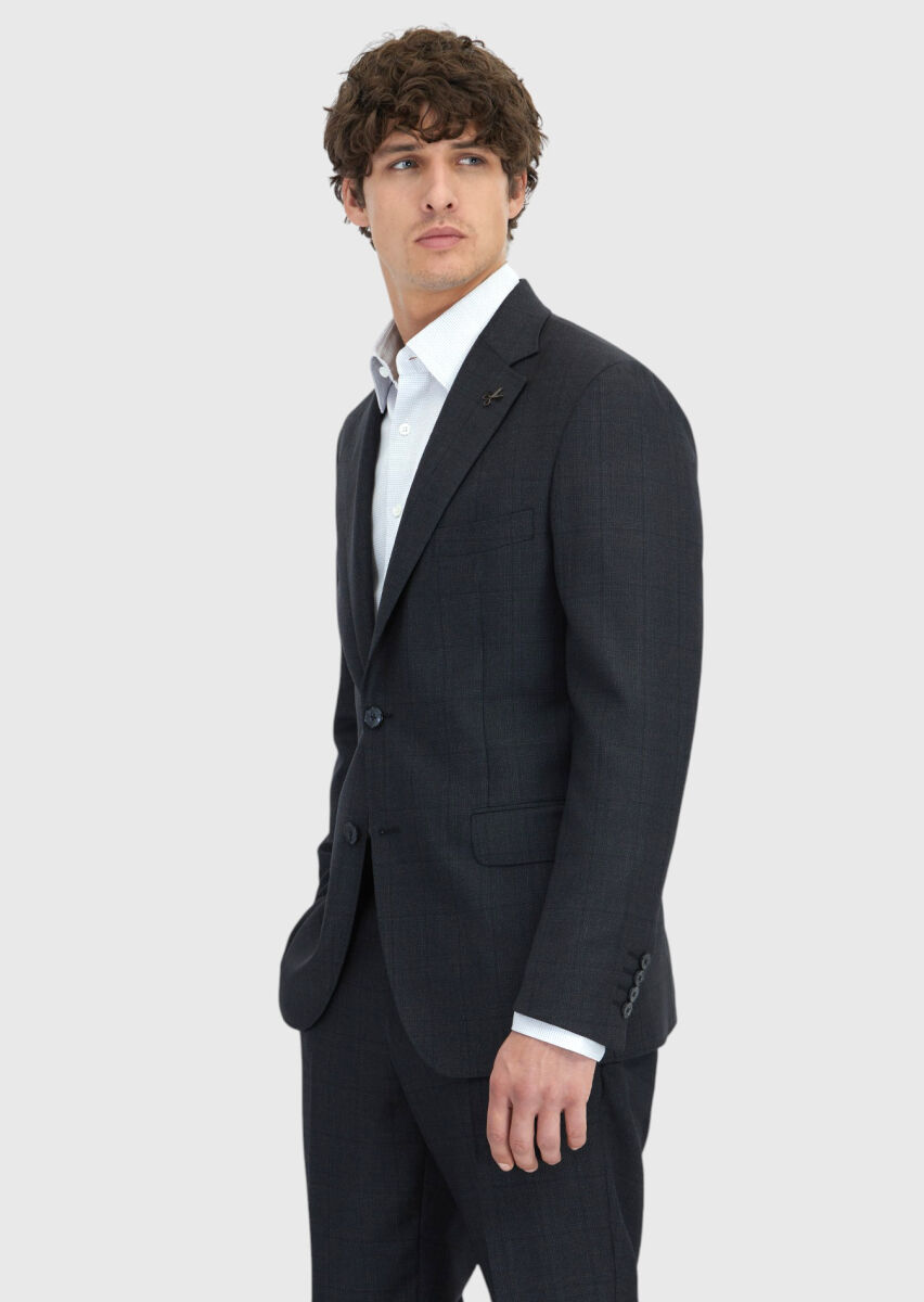 Antrasit Kareli Zeroweight Slim Fit %100 Yün Takım Elbise - 5