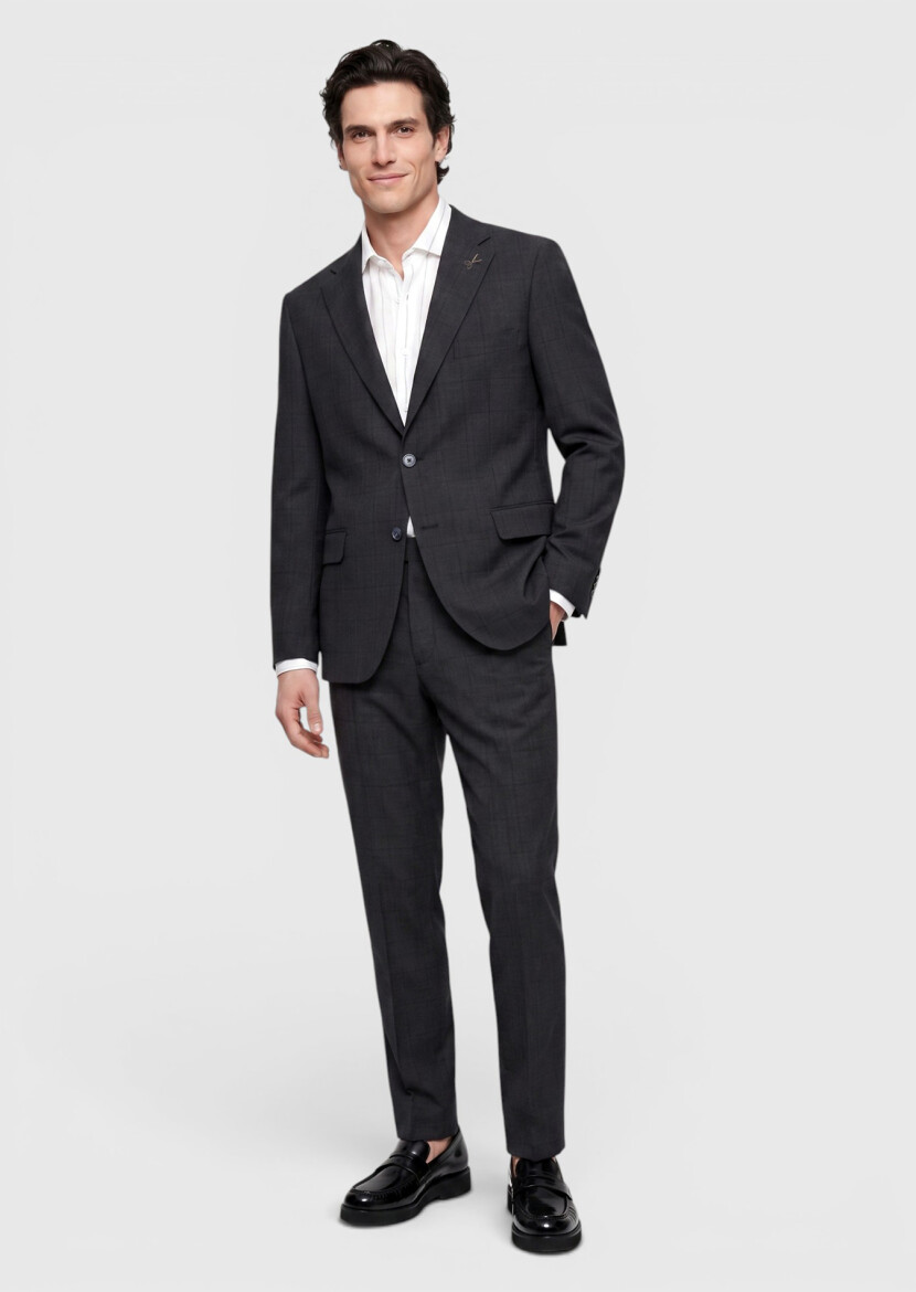 Antrasit Kareli Zeroweight Slim Fit %100 Yün Takım Elbise 