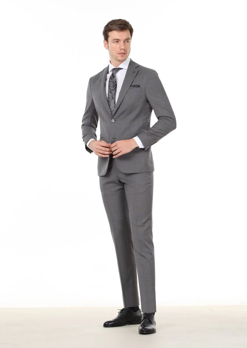 Antrasit Mikro Modern Fit %100 Yün Takım Elbise - 3