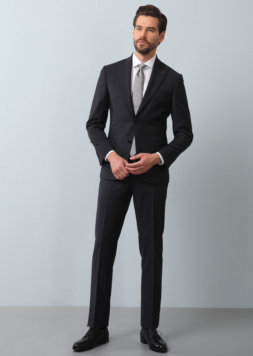 Antrasit Mikro Zeroweight Slim Fit %100 Yün Takım Elbise - 1