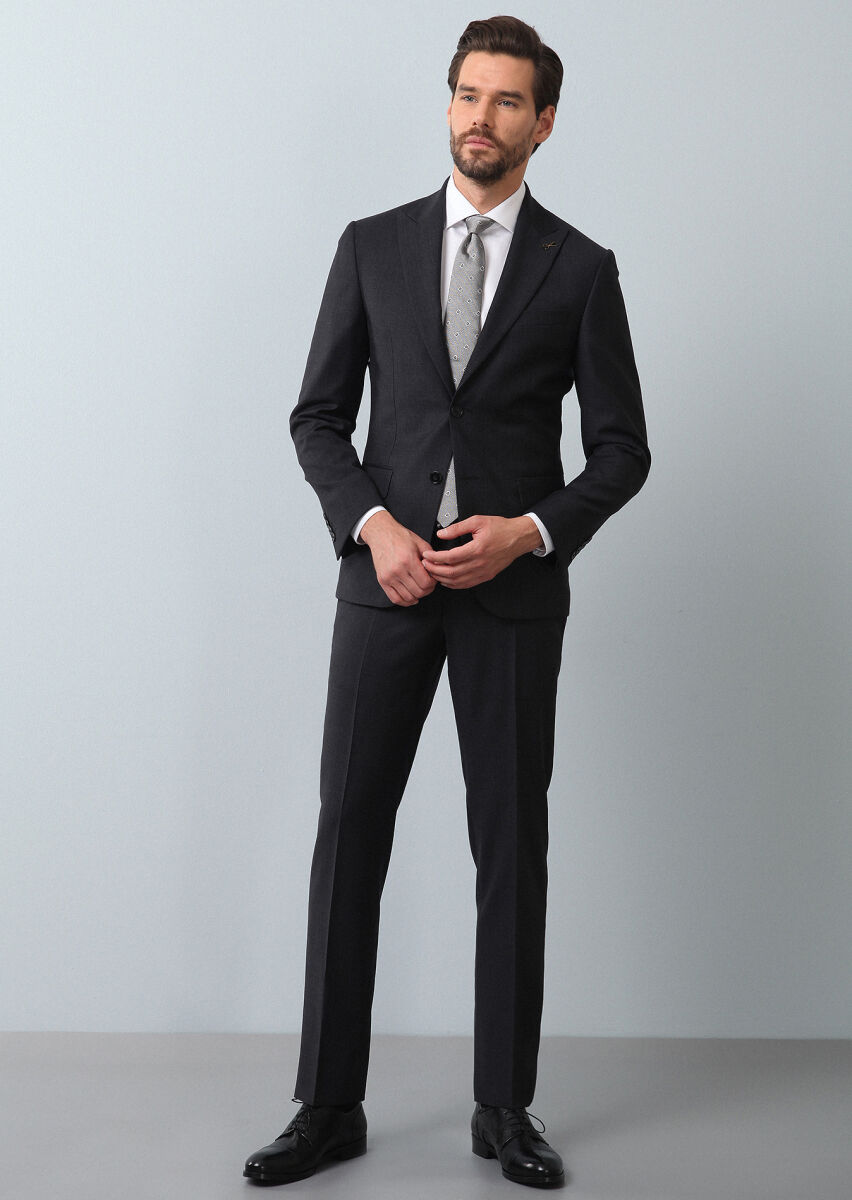 Antrasit Mikro Zeroweight Slim Fit %100 Yün Takım Elbise - 1