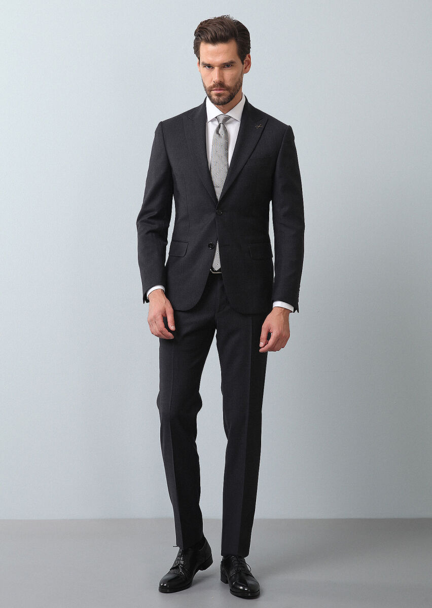 Antrasit Mikro Zeroweight Slim Fit %100 Yün Takım Elbise - 4