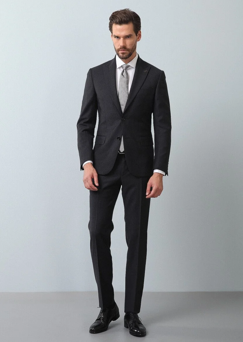 Antrasit Mikro Zeroweight Slim Fit %100 Yün Takım Elbise - 4