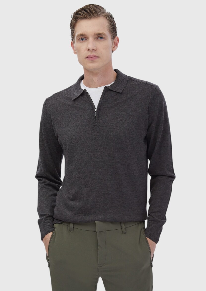 Antrasit Polo Yaka Düz Örgü Yün Karışımlı Triko - 1