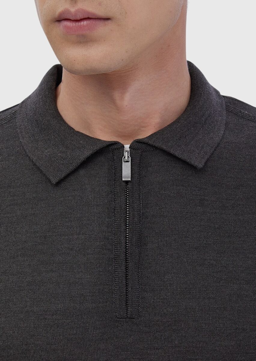 Antrasit Polo Yaka Düz Örgü Yün Karışımlı Triko - 4