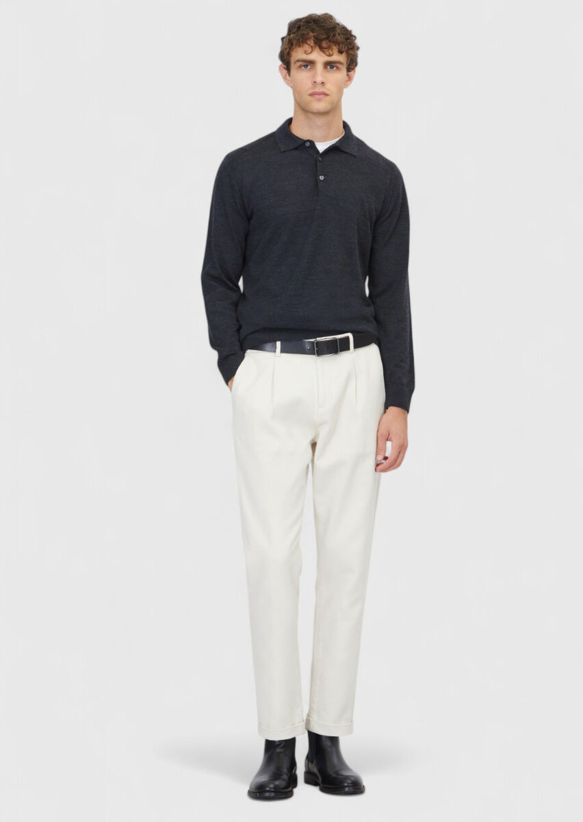 Antrasit Polo Yaka Düz Örgü Yün Karışımlı Triko Kazak - 2