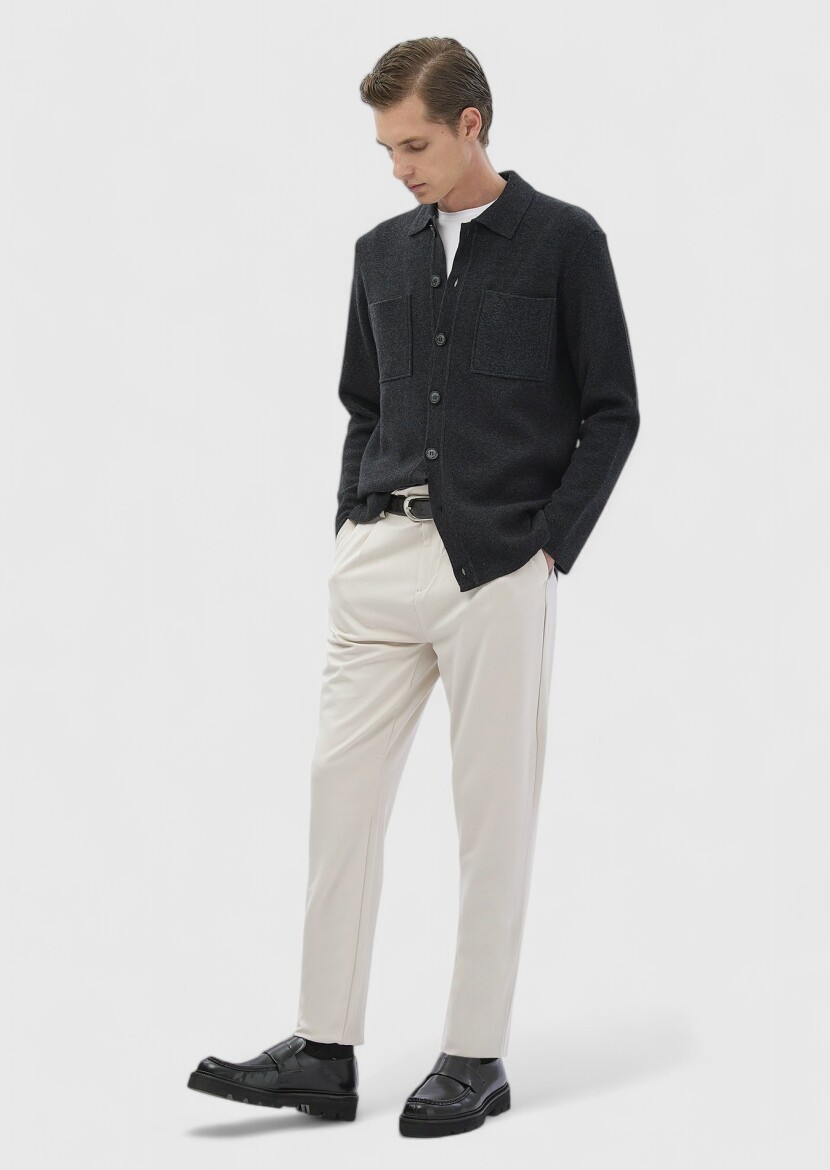 Antrasit Polo Yaka Jakarlı Yün Karışımlı Hırka 