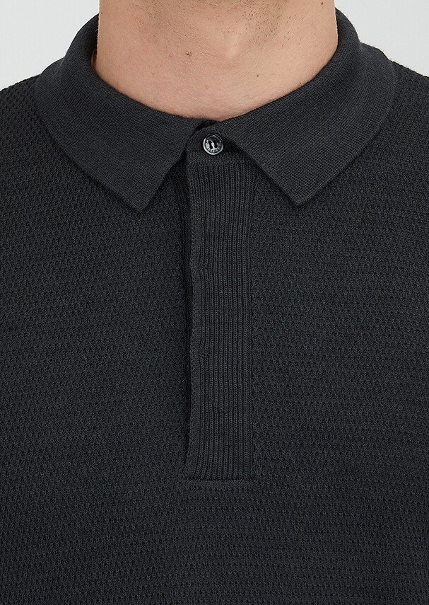 Antrasit Polo Yaka Jakarlı Yün Karışımlı Triko Kazak - 4