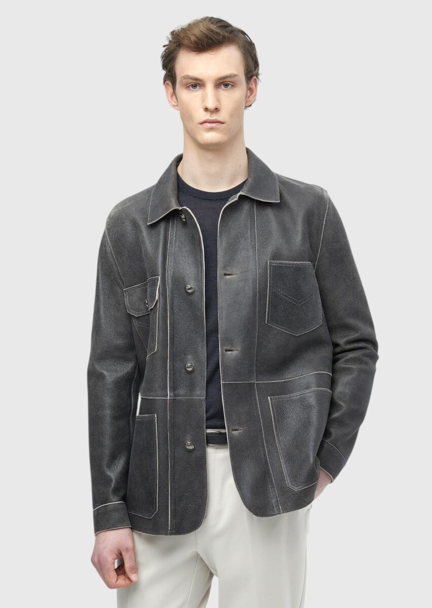 Antrasit Regular Fit Gömlek Yaka Casual Deri Deri Mont - 1