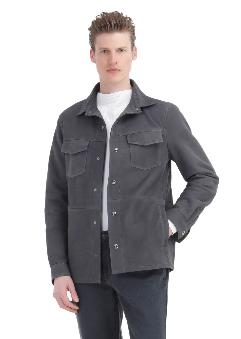 Antrasit Regular Fit Gömlek Yaka Casual Süet Deri Mont - 3
