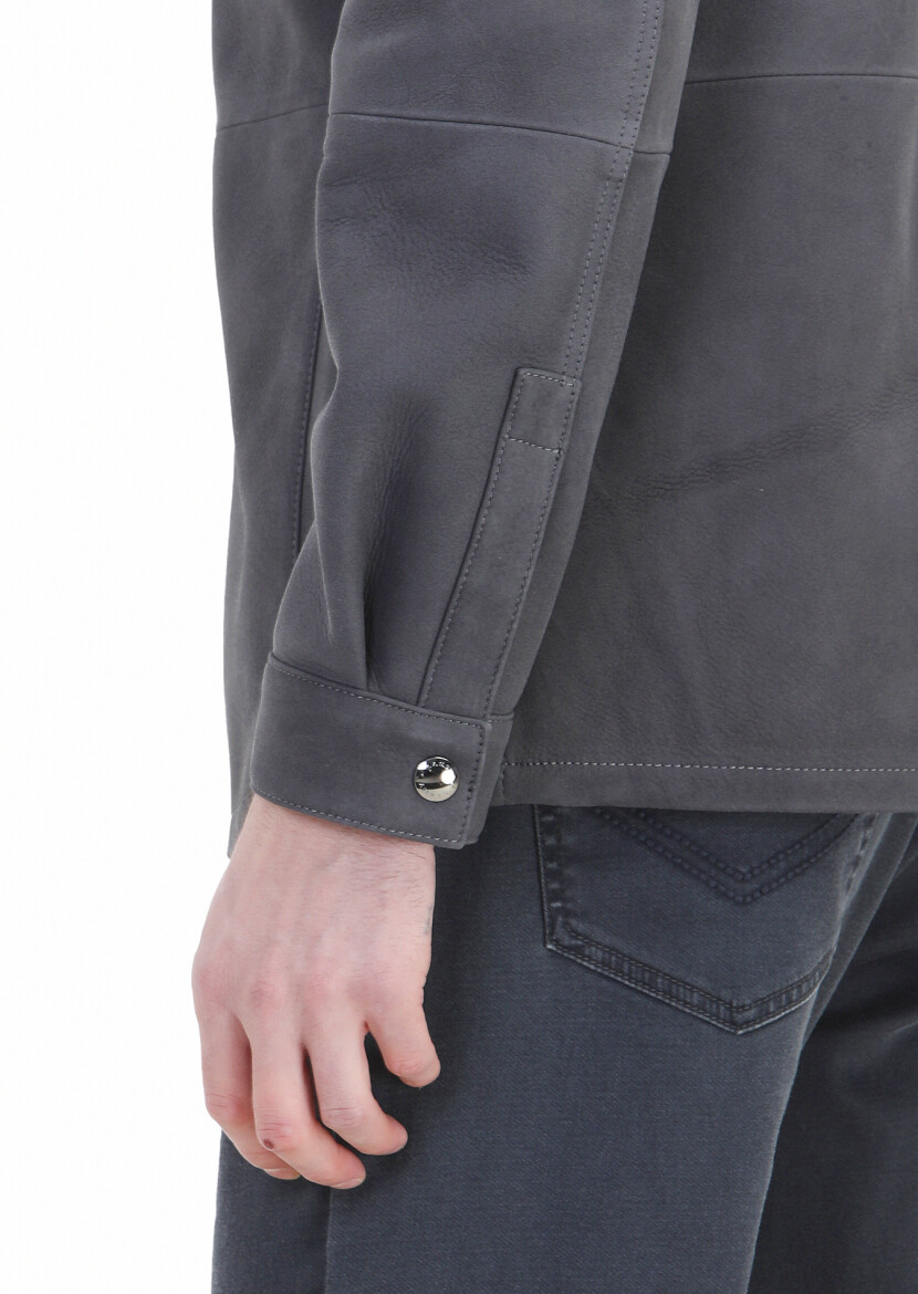 Antrasit Regular Fit Gömlek Yaka Casual Süet Deri Mont - 7